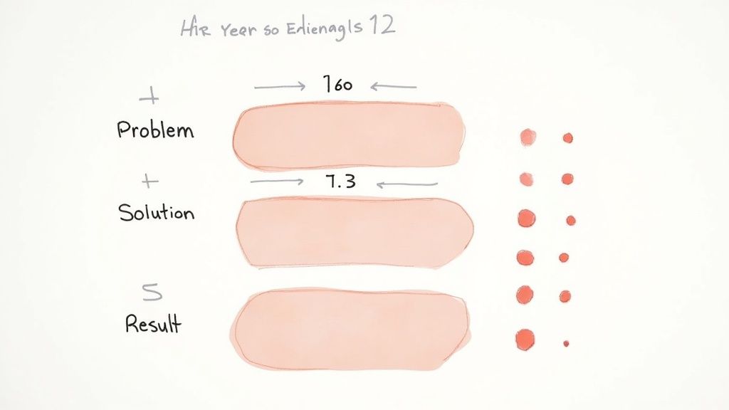 Handwritten diagram illustrating Problem, Solution, and Result with numerical values and red dots.