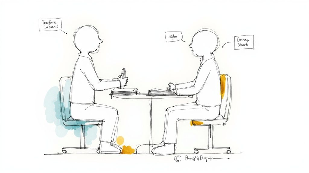 Two sketched figures sit at a table, one says 'Before before!', the other 'After' and 'Gergy Short'.