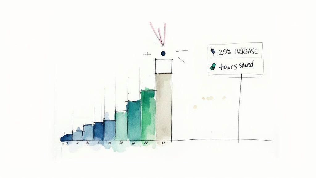 Watercolor bar chart illustrating increasing values, showing '29% increase' and 'hours saved' metrics.