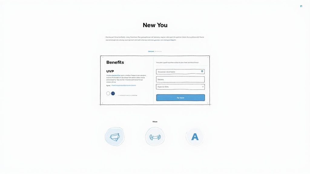 A wireframe sketch of a 'New You' web page featuring benefits, a form, and three circular icons.