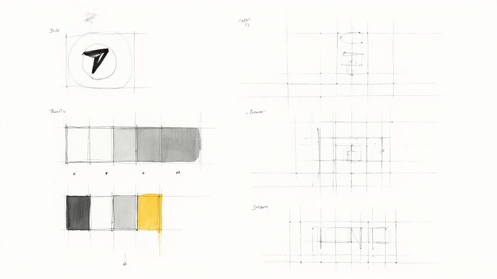 Hand-drawn design sketches showing logo concepts, typography, and color swatches for brand guidelines.