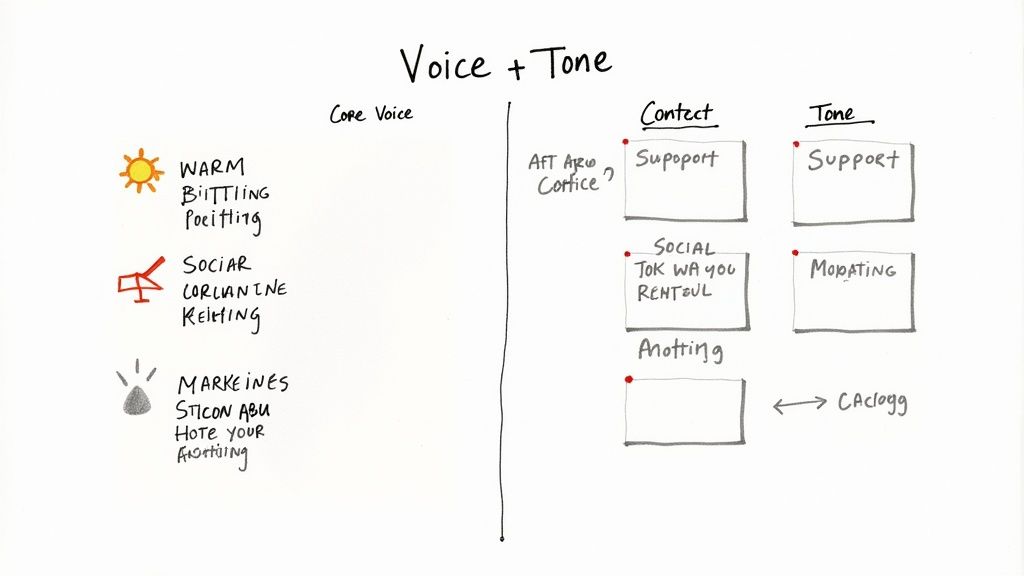 A whiteboard diagram illustrating brand voice and tone guidelines with core voice attributes and contextual tone examples.