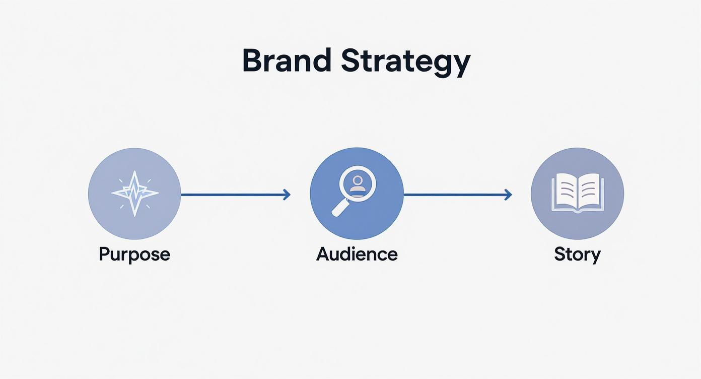 A brand strategy diagram illustrating three steps: Purpose, Audience, and Story, connected by arrows.