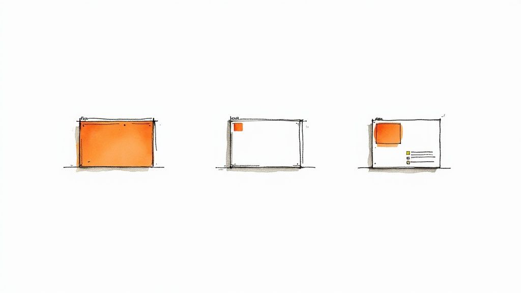 Three hand-drawn sketches depicting the transformation of an orange block into a structured design layout.
