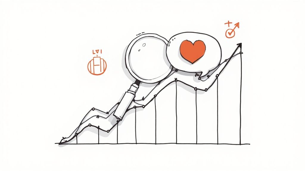 Whiteboard sketch showing a rising line graph, magnifying glass, and heart, symbolizing growth and engagement.