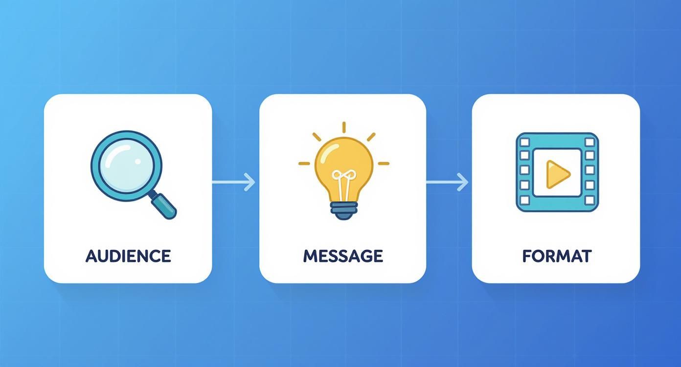 A three-step framework: Audience (magnifying glass), Message (lightbulb), and Format (filmstrip).