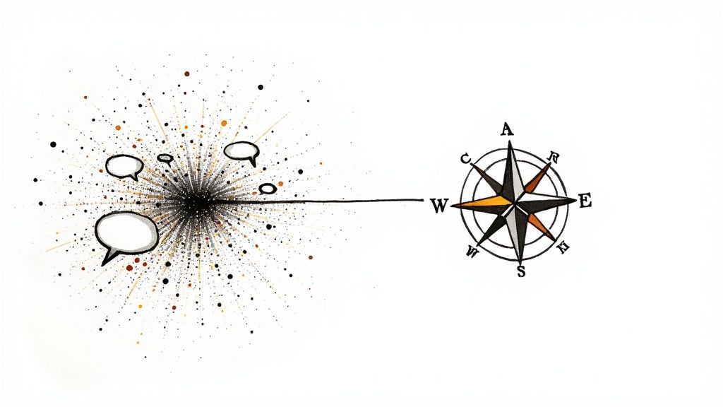 An abstract illustration of ideas and communication, represented by an explosion of speech bubbles leading to a compass.