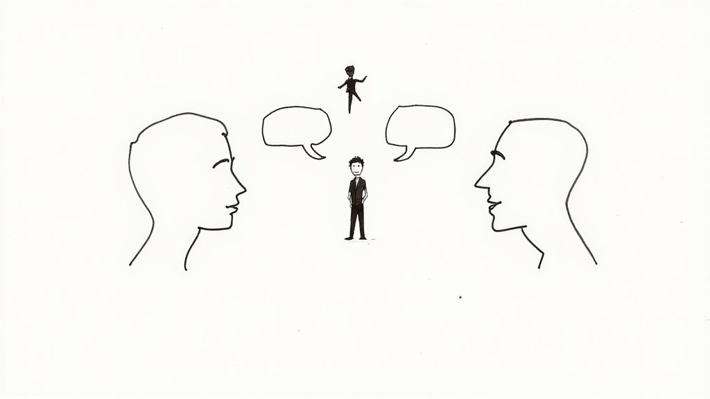 A line drawing showing two people's profiles facing each other with speech bubbles and two figures in the middle, representing communication.