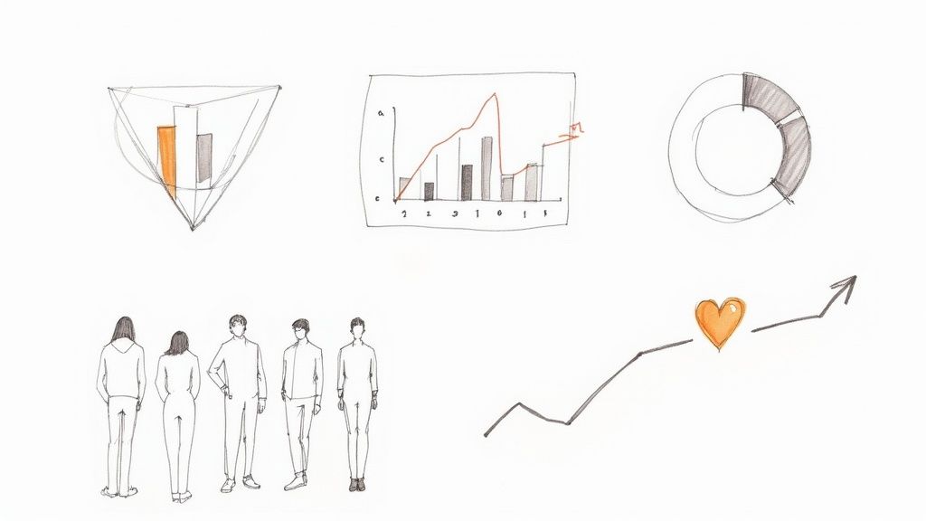 Hand-drawn sketches illustrating various business concepts, data visualizations, and figures of people.