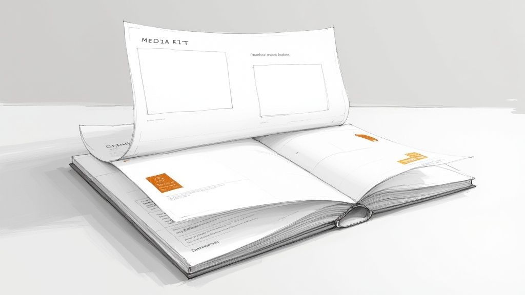 A stylized sketch of an open media kit with fanning pages showing content placeholders.