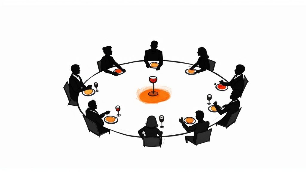 A diverse group of professional silhouettes gather around a round table for a business networking event.