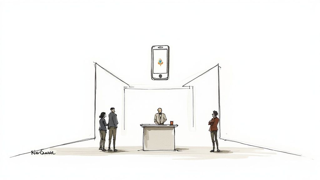 Sketch of people gathered around a speaker, overseen by a large smartphone with a voice assistant icon.
