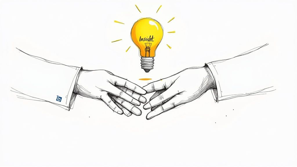 Two hands connect under a glowing 'Insight' lightbulb, featuring a LinkedIn logo on a cuff.