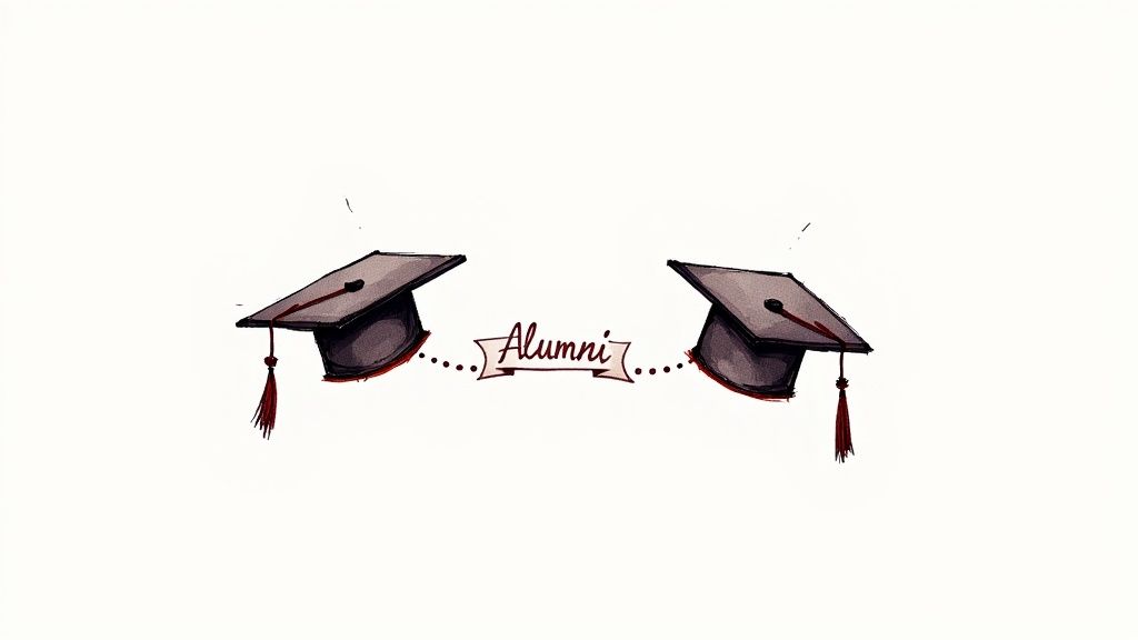 Two watercolor graduation caps connected by a dotted line and an 'Alumni' banner on a white background.