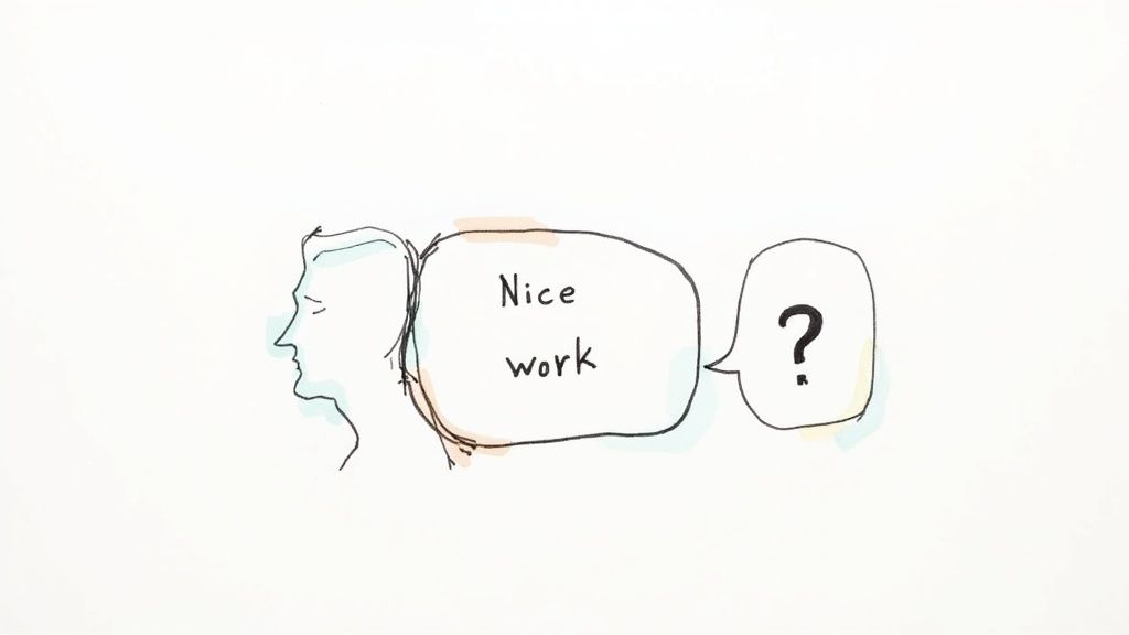 A minimalist sketch of a person's profile with two speech bubbles, one saying 'Nice work' and the other a question mark.