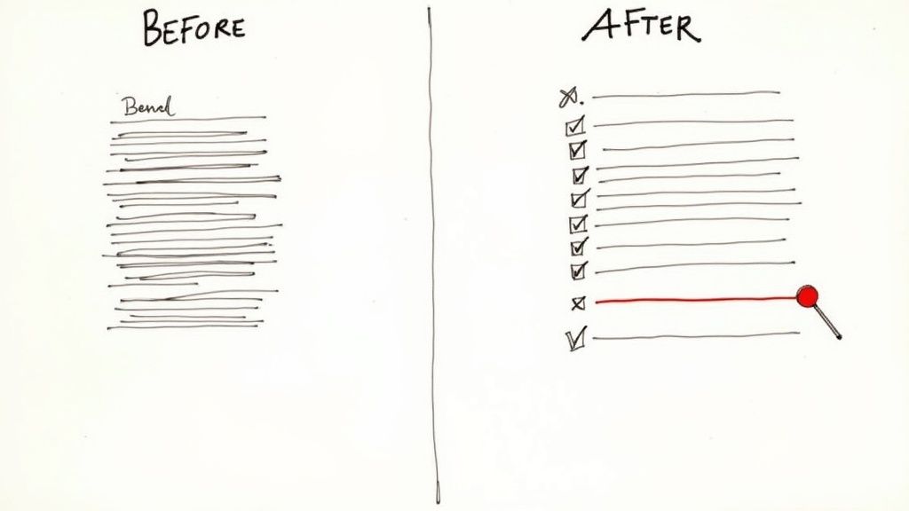 Visual comparing a messy document (Before) to a clear, completed checklist (After) with a highlighted item.