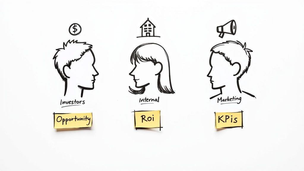 Illustration showing investors, internal team, and marketing with their key business metrics: opportunity, ROI, and KPIs.