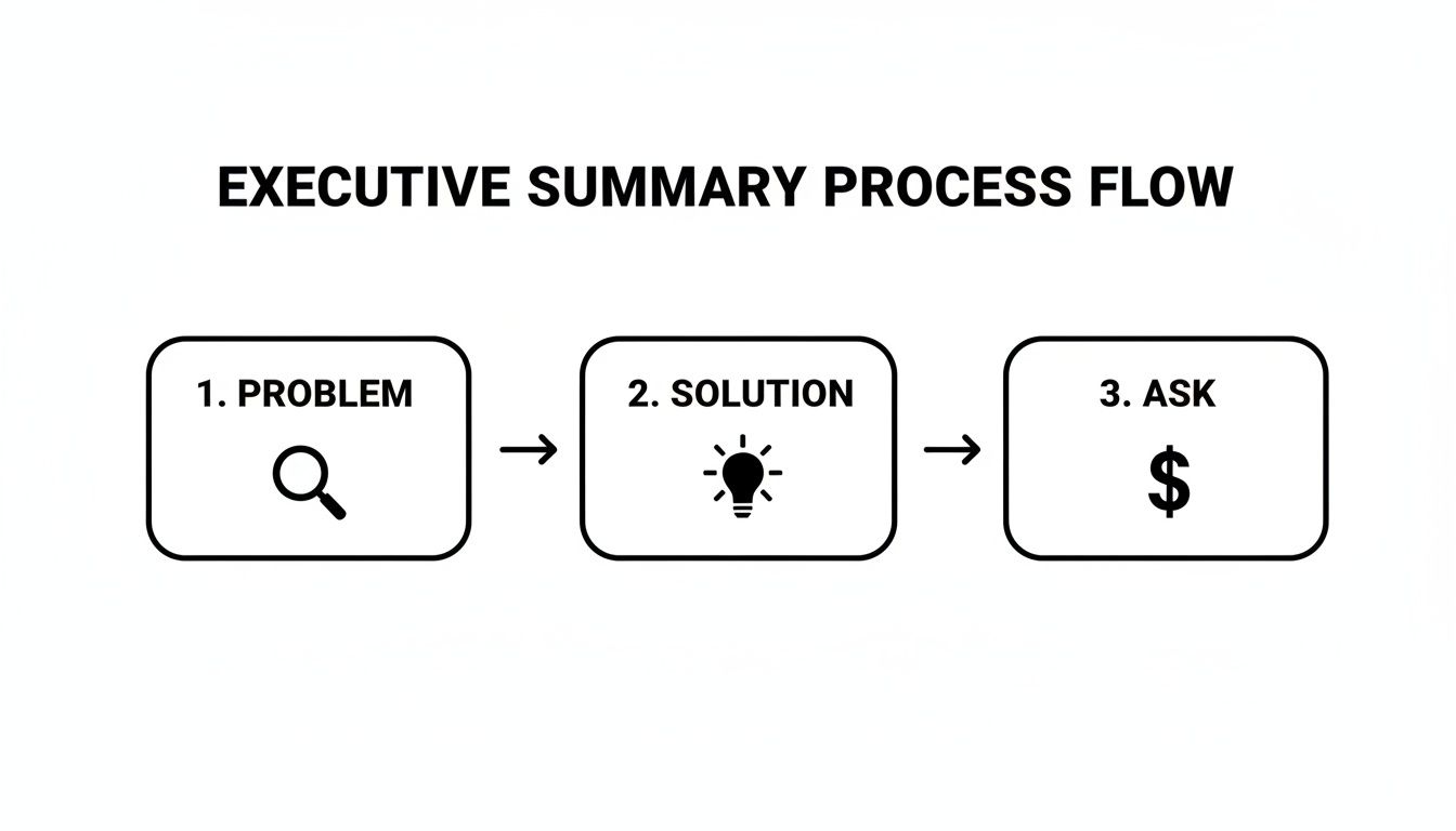 A clear flowchart outlining the executive summary process: Problem identification, Solution development, and the Ask.