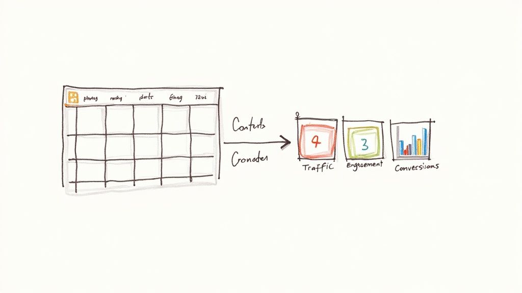 Hand-drawn diagram illustrating content creation workflow, from planning stages to traffic, engagement, and conversions.