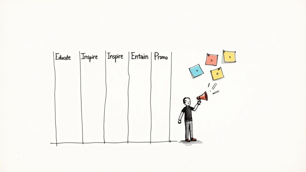 Cartoon content calendar template with 'Educate', 'Inspire', 'Entertain', 'Promo' columns and a person with a megaphone.