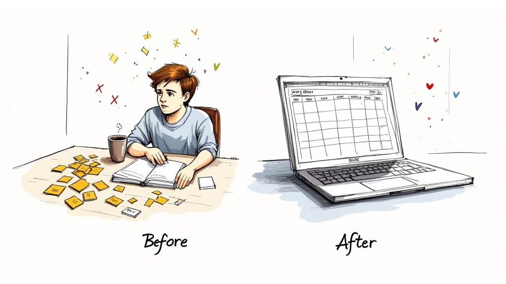 Illustration showing task management before with messy sticky notes and after with an organized digital calendar on a laptop.