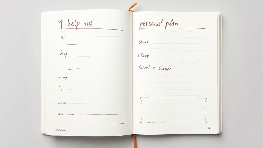 An open notebook displaying handwritten prompts for 'Y help iwi' and 'personal plan' on a white surface.