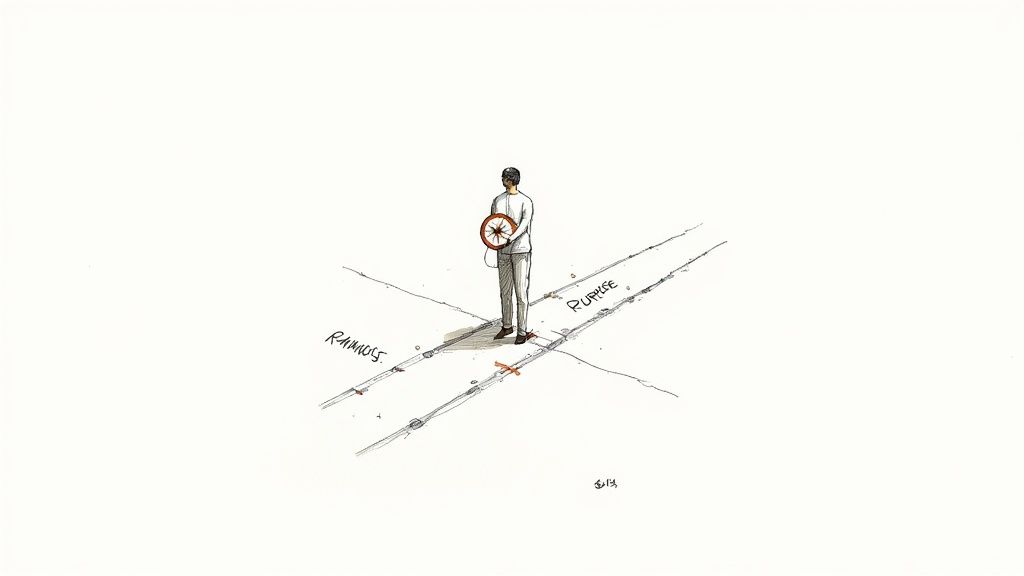 A person stands at a railroad crossroads, holding a compass, pondering which path to take.