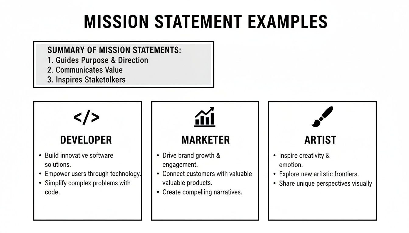 Examples of mission statements for developers, marketers, and artists, including a summary of their purpose.