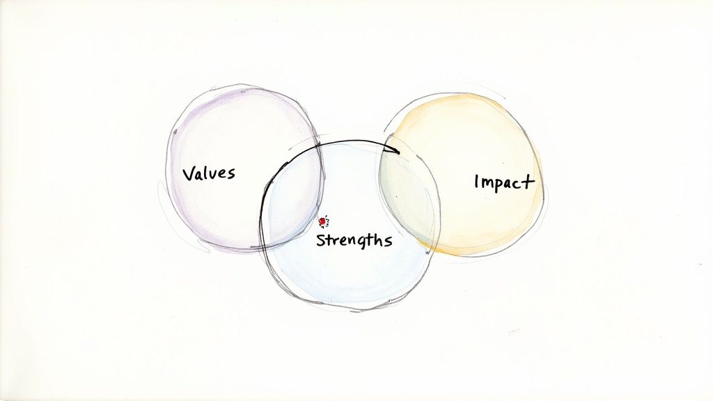 Hand-drawn Venn diagram with overlapping circles labeled Values, Strengths, and Impact.