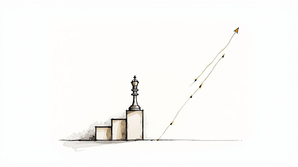 A minimalist illustration of a chess king on a stepped platform with upward-curving arrows representing progress.