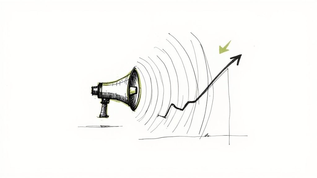 Hand-drawn sketch of a megaphone emitting sound waves towards an upward trending graph with a green arrow.