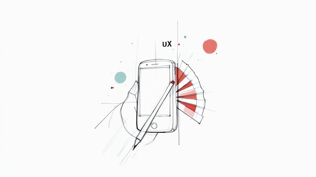 A hand holding a smartphone with a pencil, illustrating UX design concepts and a color palette.