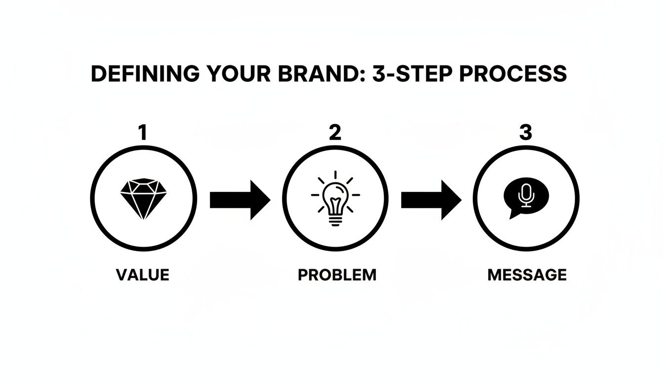 Diagram illustrating the 3-step brand definition process: Value, Problem, Message.