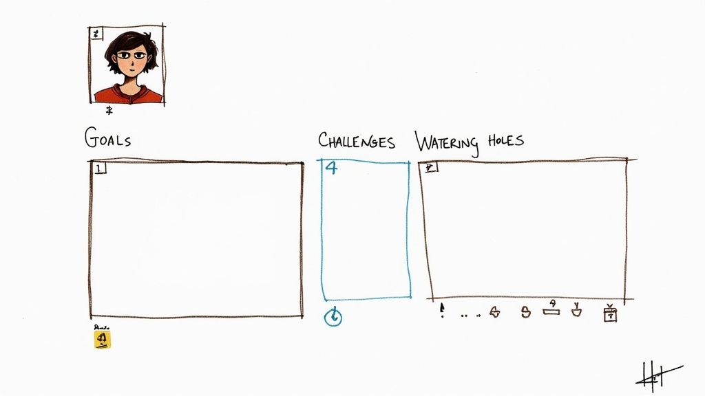 Hand-drawn diagram with a person, "Goals," "Challenges," and "Watering Holes" sections for planning.