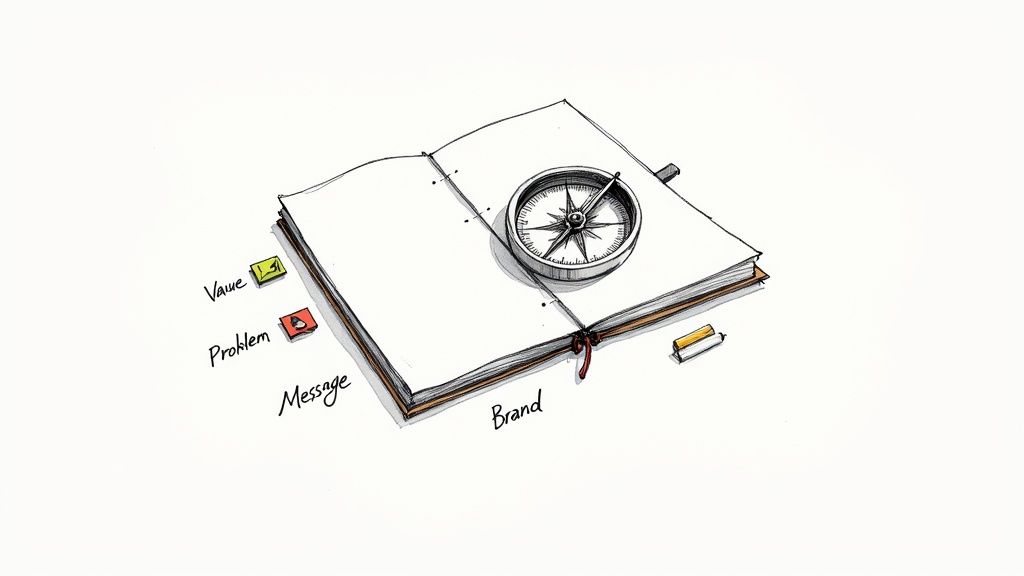 A hand-drawn image of an open notebook with a compass, keywords Value, Problem, Message, and Brand.