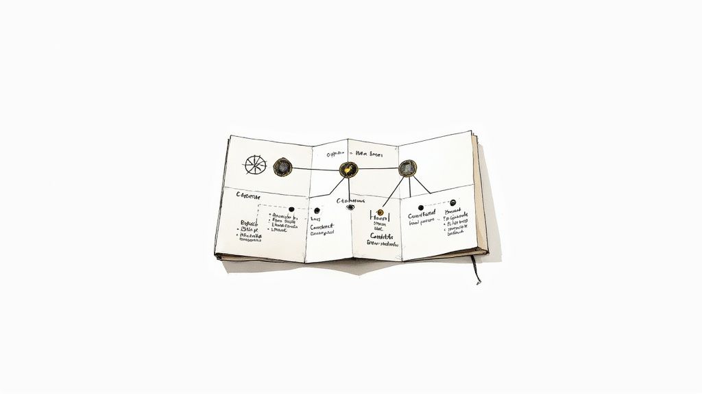 An illustrative drawing of a folded paper with a complex network diagram and various labels.