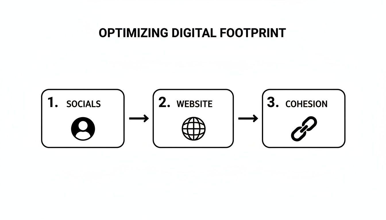 Infographic illustrates three steps for optimizing a digital footprint: socials, website, and cohesion.