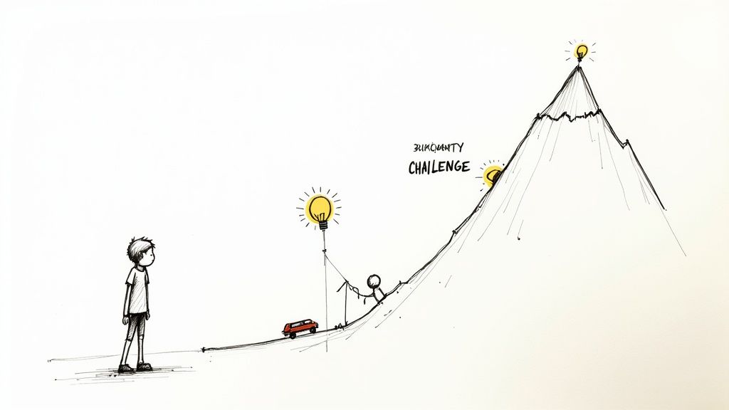 Cartoon drawing of a boy observing a challenging mountain path with ideas, a car, and a stick figure.