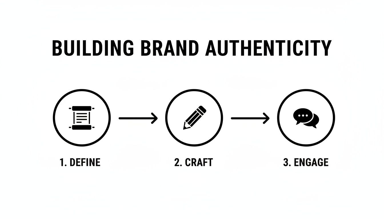 A three-step diagram illustrating how to build brand authenticity: define, craft, and engage.