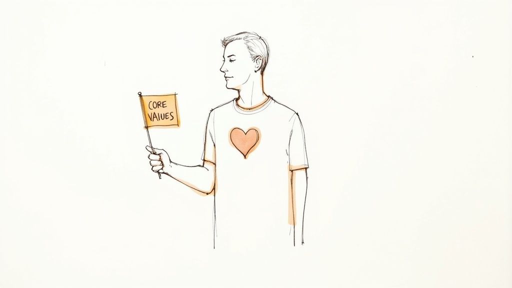 Hand-drawn illustration of a man with a heart on his shirt, holding a 'CORE VALUES' flag.
