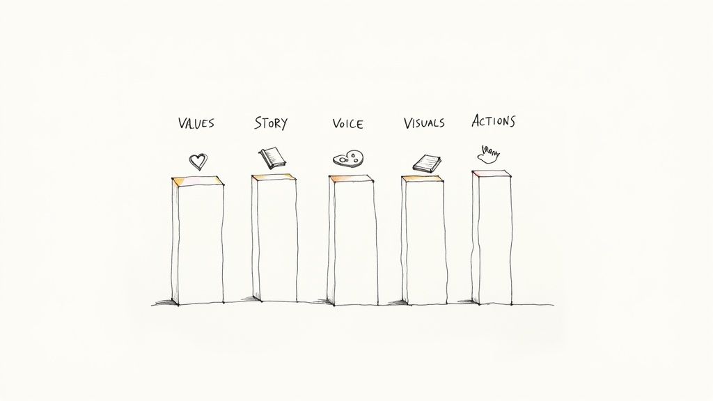 Five illustrated pillars representing Values, Story, Voice, Visuals, and Actions, with corresponding icons.