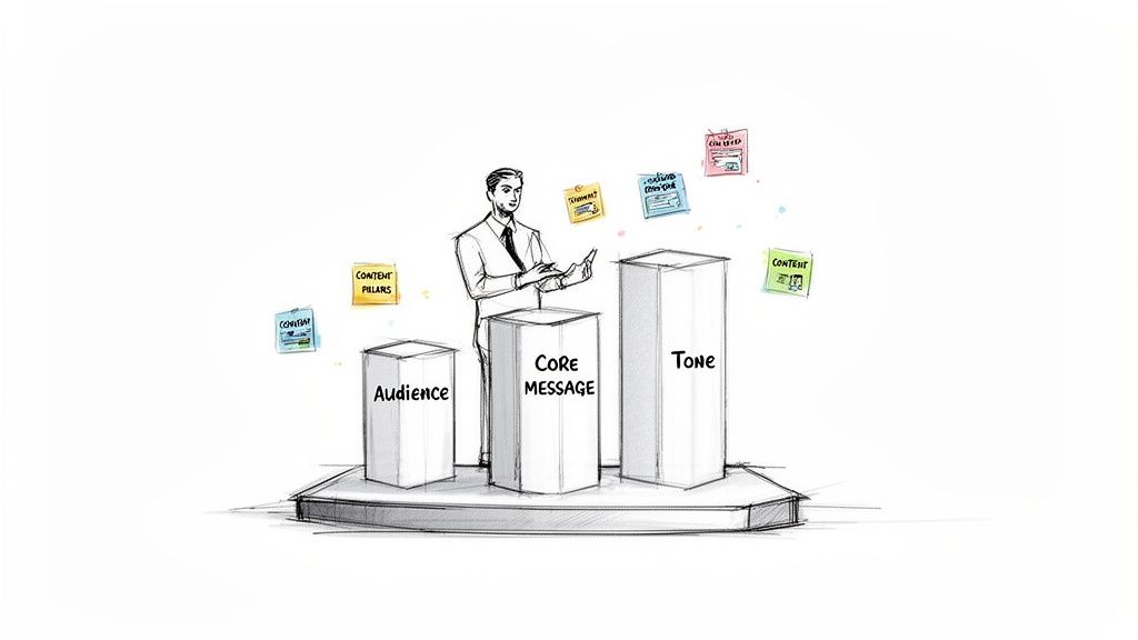 A sketch of a man presenting three pedestals labeled Audience, Core Message, and Tone, with sticky notes.