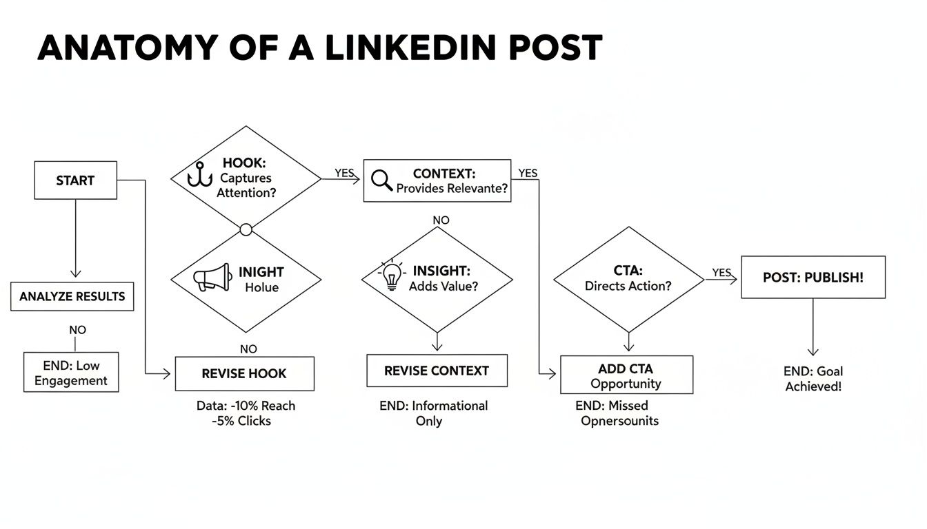 Flowchart detailing the anatomy of a LinkedIn post, outlining steps from hook and context to insight, CTA, and revision.