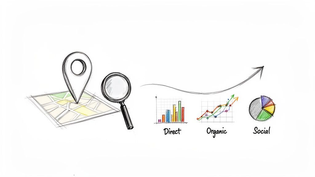 Hand-drawn illustration showing a map, magnifying glass, and charts for direct, organic, and social traffic analysis and growth.