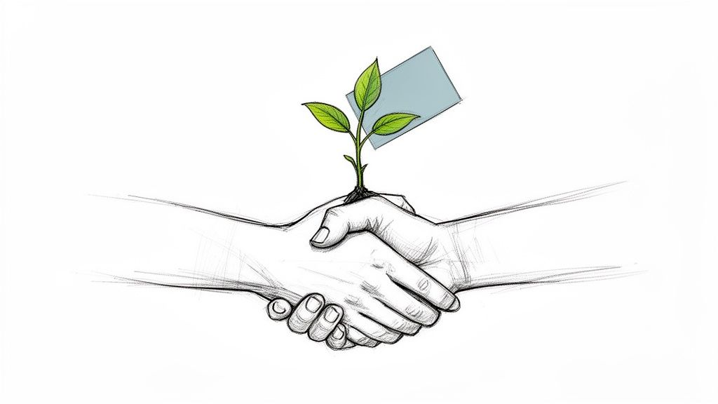 A sketch of two hands shaking, with a green plant growing from the clasp, and a business card behind.
