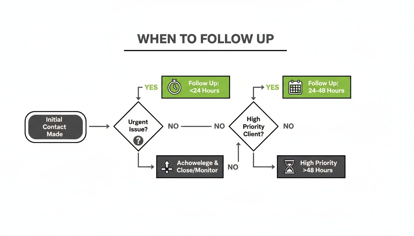 Flowchart detailing follow-up timing decisions based on issue urgency and client priority levels.