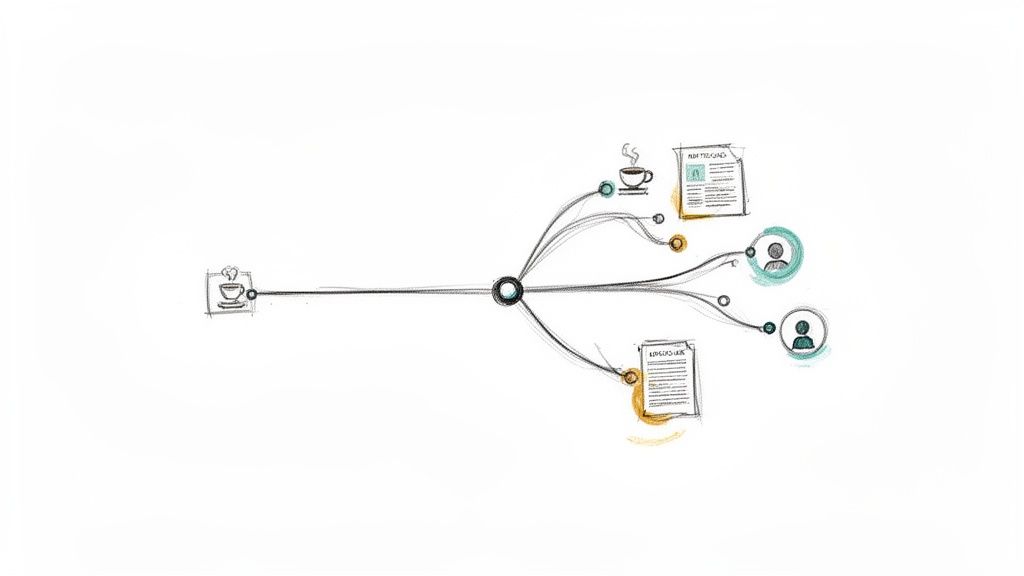 A conceptual hand-drawn diagram illustrating a networking follow-up process with various interconnected elements.