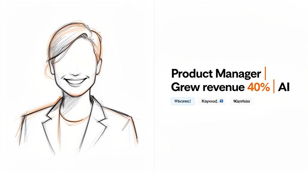 Sketch of a smiling, faceless person next to text: 'Product Manager | Grew revenue 40% | AI'.
