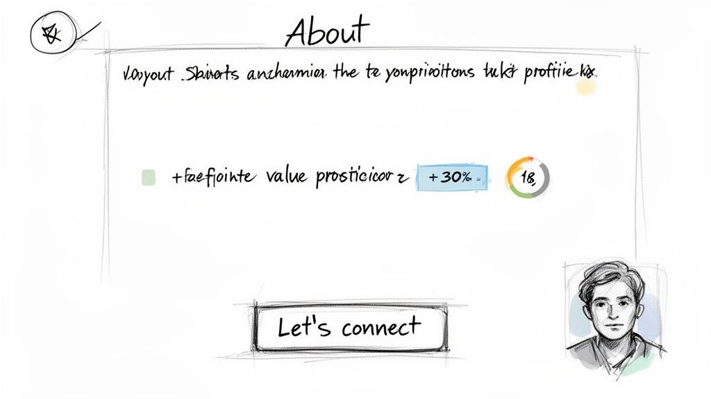 A hand-drawn sketch of an 'About' page, showing text, a 'Let's connect' button, and a male portrait.