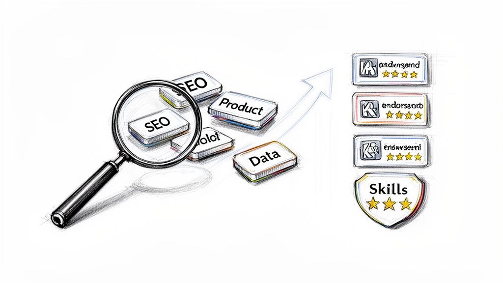 Magnifying glass on SEO, Product, Data blocks, next to skills and star ratings for profile optimization.